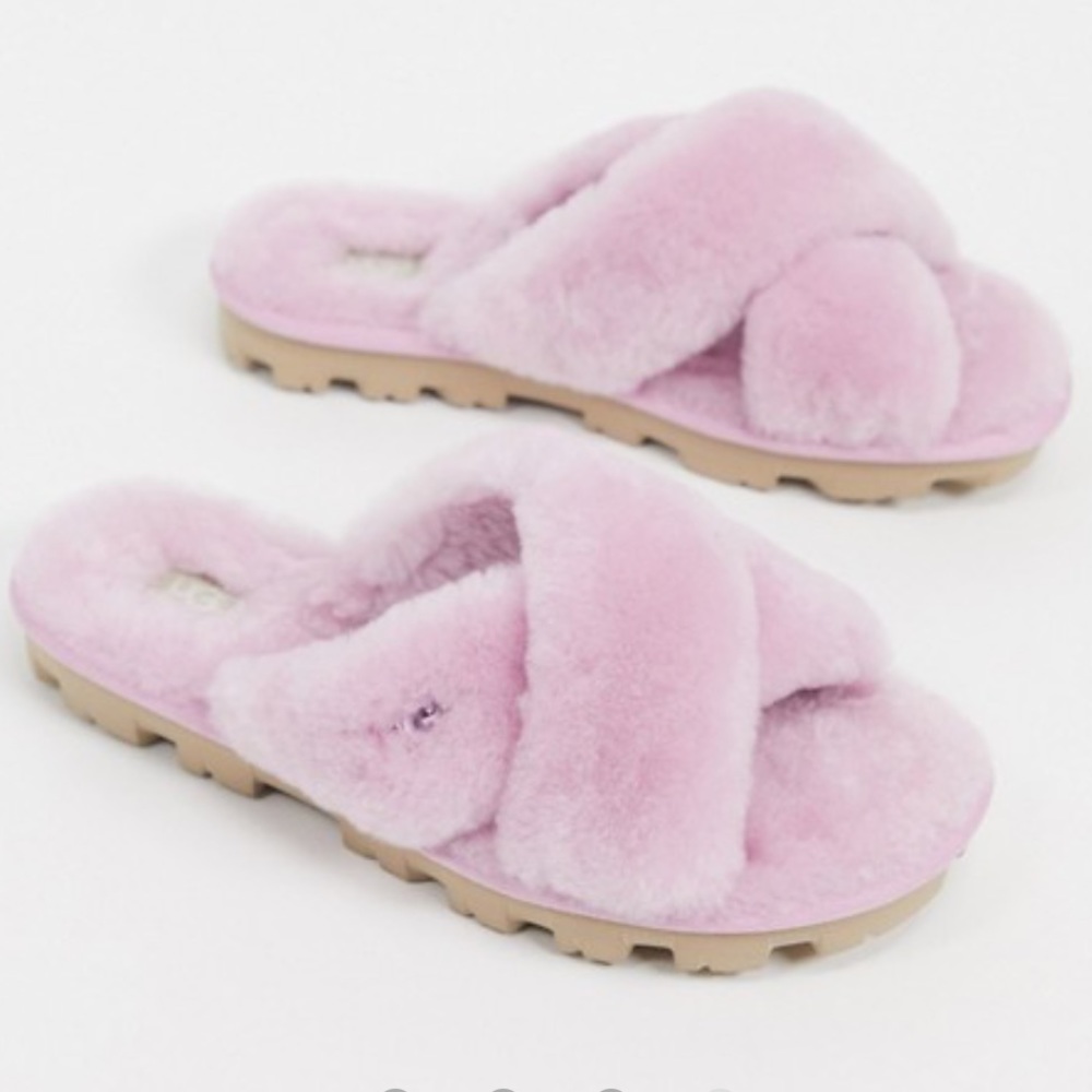 UGG Fuzzette Cross Strap Fluffy Slippers in Pink.